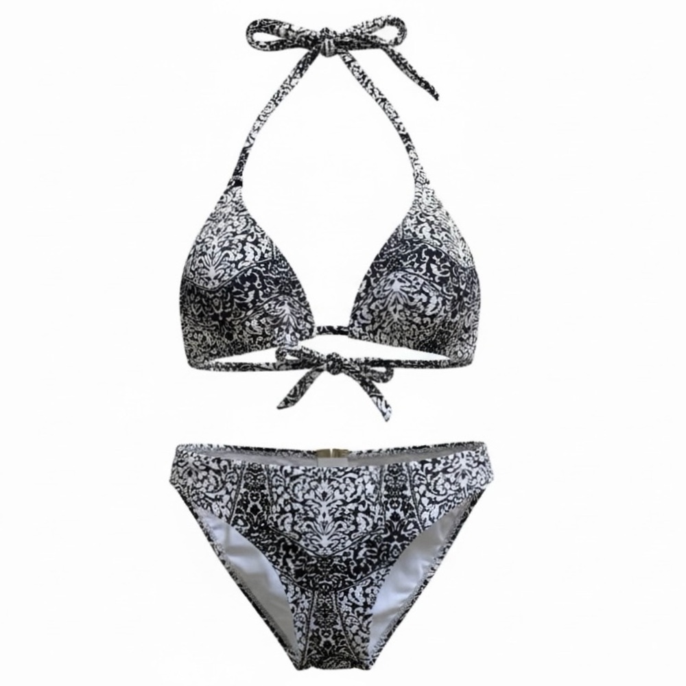Vix Black and White Floral Print Bia Tube Bikini Top and Bottom Size Large